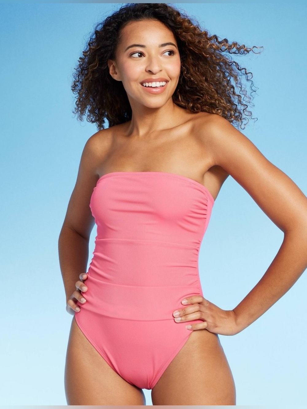Shirred Ribbed Bandeau Cheeky One Piece Swimsuit - Shade & Shore - Pink - new
